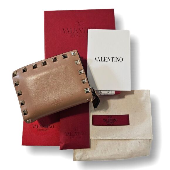 Valentino (Authentic) Khaki Leather Rockstud Zippy Wallet w/ Box & Dust Cover - Picture 1 of 14